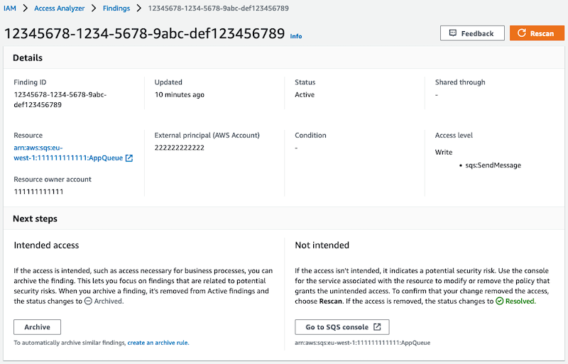 Figure 2: IAM Access Analyzer example finding for an Amazon SQS queue