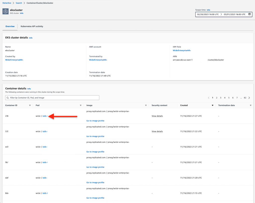 Figure 5: Example Detective summary page for EKS container pods  on the EKS cluster