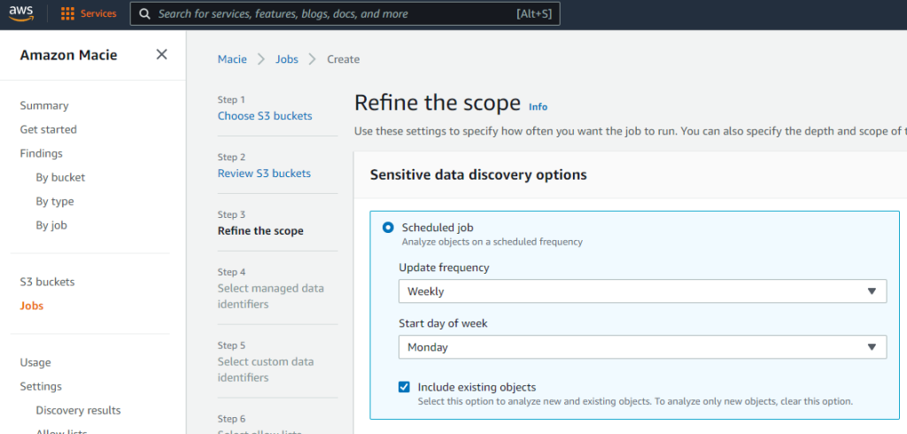 Figure 5: Specifying the frequency of a sensitive data discovery job