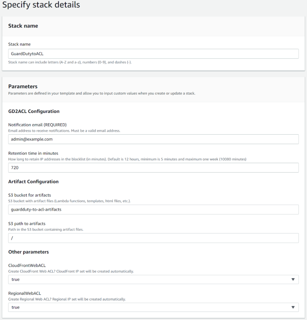 Figure 2: CloudFormation parameters on the Specify stack details page