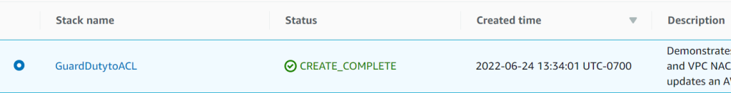 Figure 4: The stack status is CREATE_COMPLETE