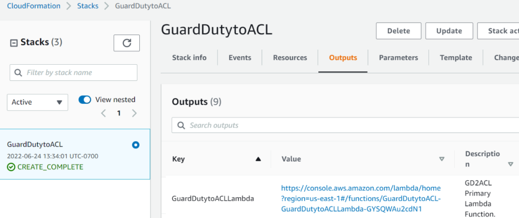 Figure 6: The GuardDutytoACLLambda entry on the Outputs tab