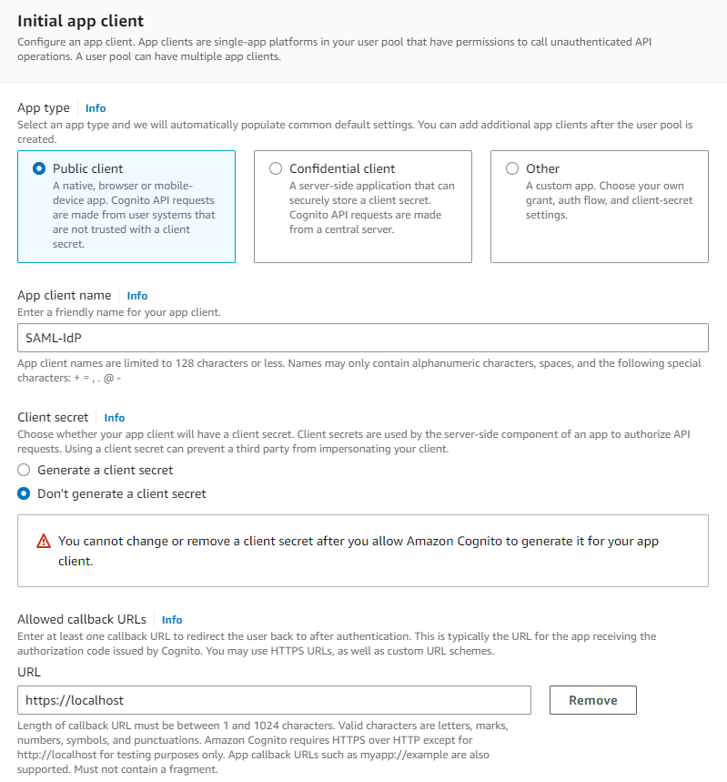 Figure 2: Set up the initial app client to create the Cognito user pool