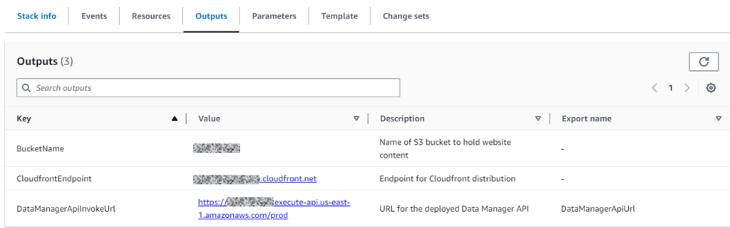 Figure 10: Outputs of the CloudFormation template deployment