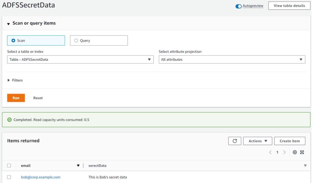 Figure 12: Search result of DynamoDB table