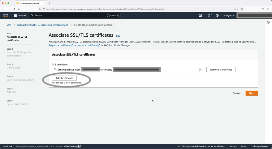 Figure 4: SSL/TLS certificate as part of Network Firewall inspection configuration