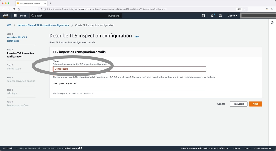 Figure 5: Description for Network Firewall inspection configuration