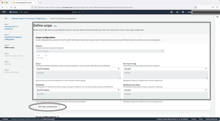 Figure 6: Define scope for Network Firewall to decrypt