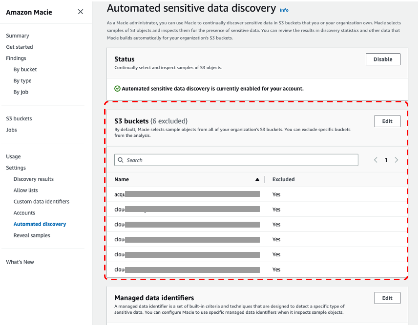 Figure 3: Excluding buckets from the automated sensitive data discovery settings page