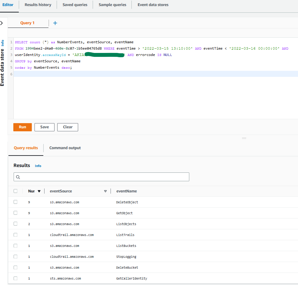 Figure 8: Sample query 1.8 and results in the console