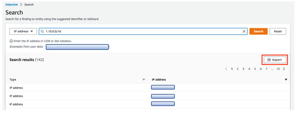 Figure 8: Detective search results filtering for a CIDR range