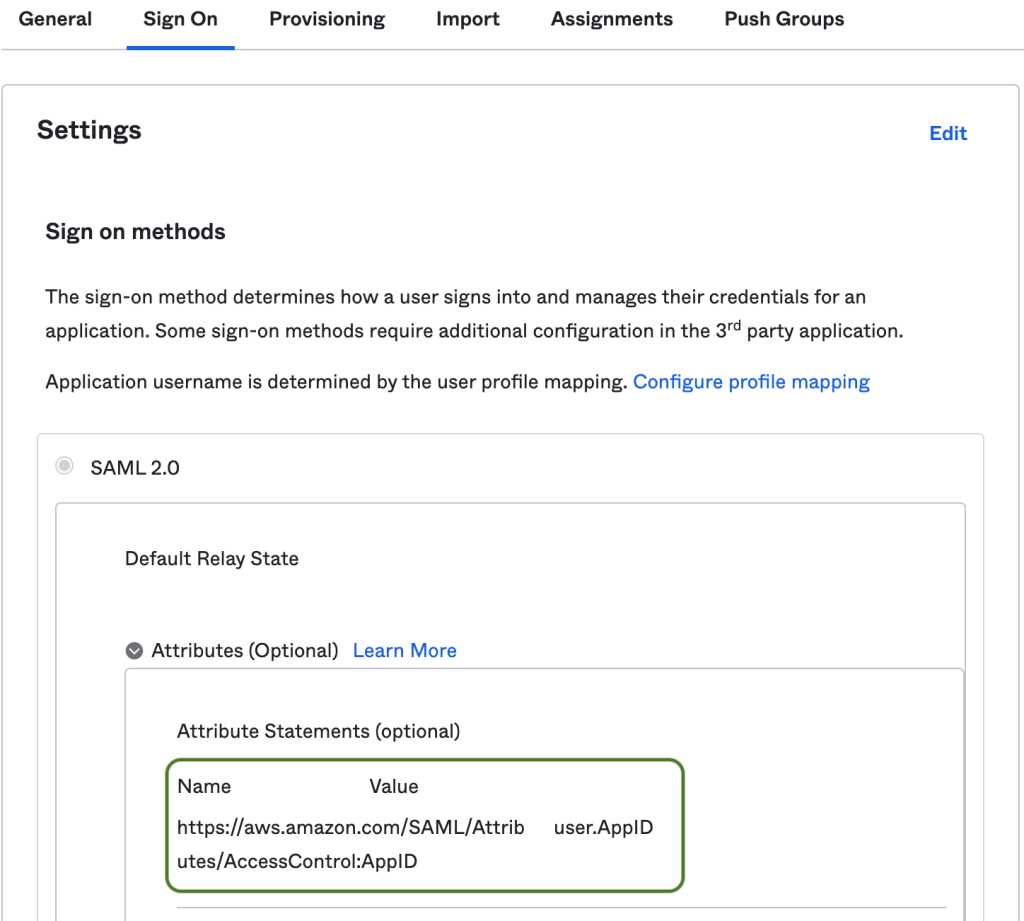 Figure 3: Sample SAML configuration with custom attributes