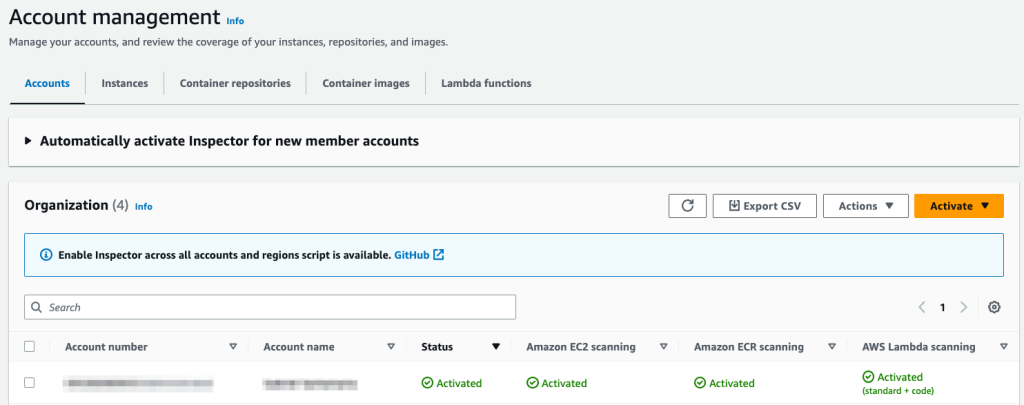 Figure 1: Amazon Inspector account management area