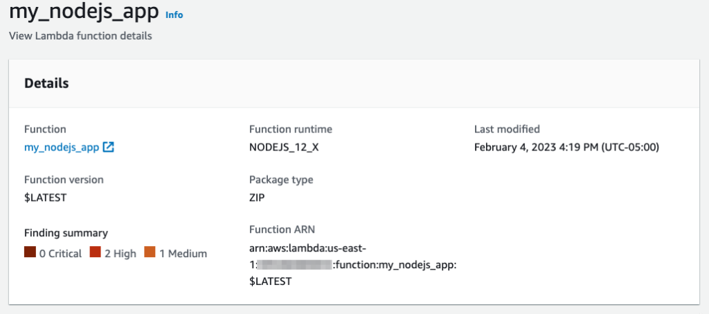 Figure 2: Lambda function finding summary