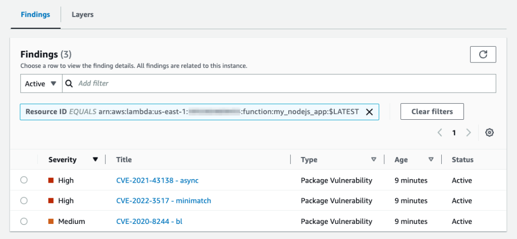 Figure 3: Amazon Inspector findings for a sample Lambda function