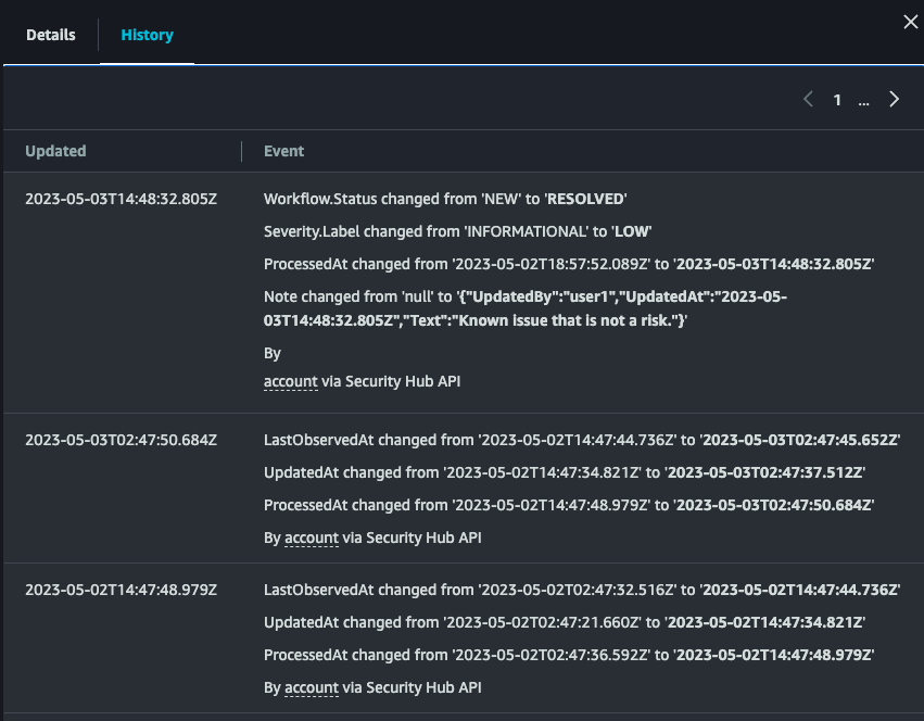 Figure 1: Finding History shows recent updates to the finding