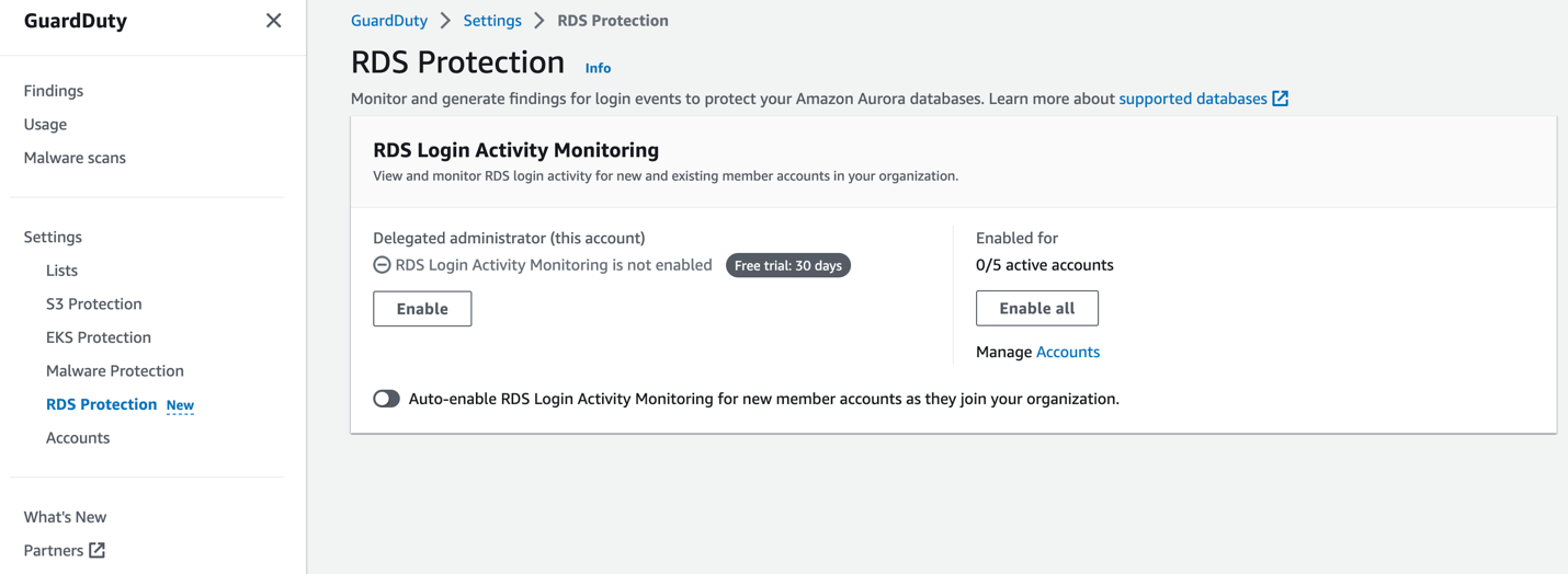 Figure 1: GuardDuty RDS Protection enablement page