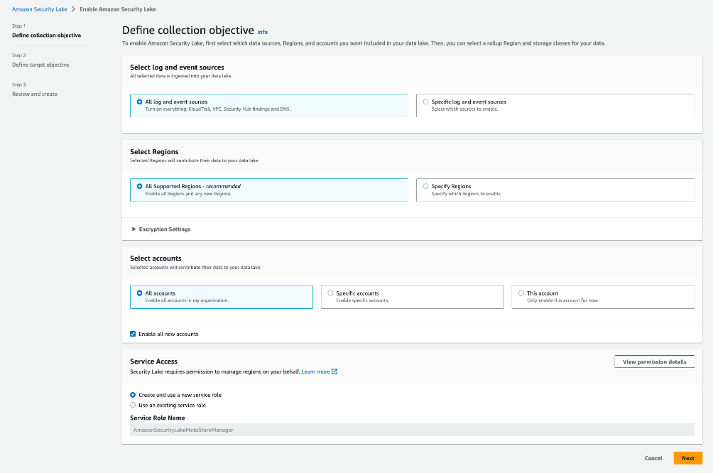 Figure 2: Security Lake activation page with options to enable log sources, Regions, and accounts