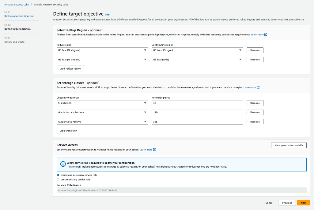 Figure 3: Security Lake activation page with options to select a rollup Region and set storage classes