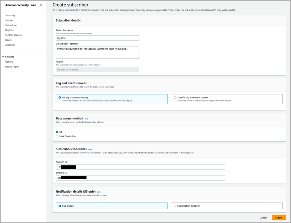 Figure 4: Creating a data access subscriber in Security Lake