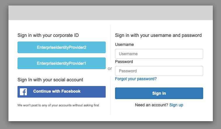 Figure 1: Example default hosted UI with several login providers enabled