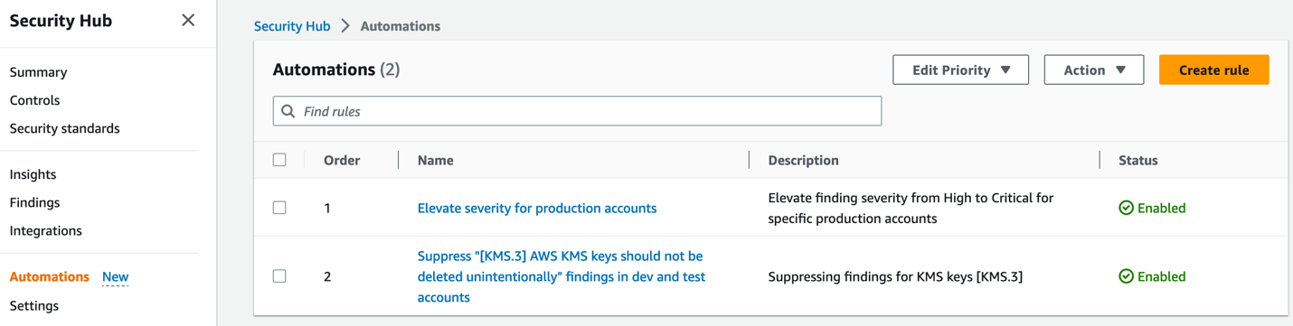 Figure 1: Automation rules in the Security Hub console