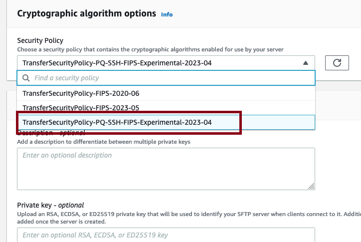 Figure 1: Use the console to set the PQ-hybrid security policy in the Transfer Family endpoint