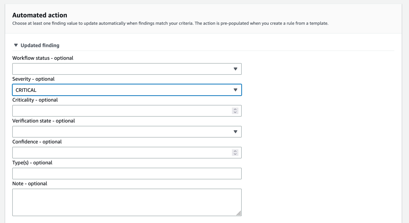 Figure 5: Automated action to be taken against the findings that match the criteria