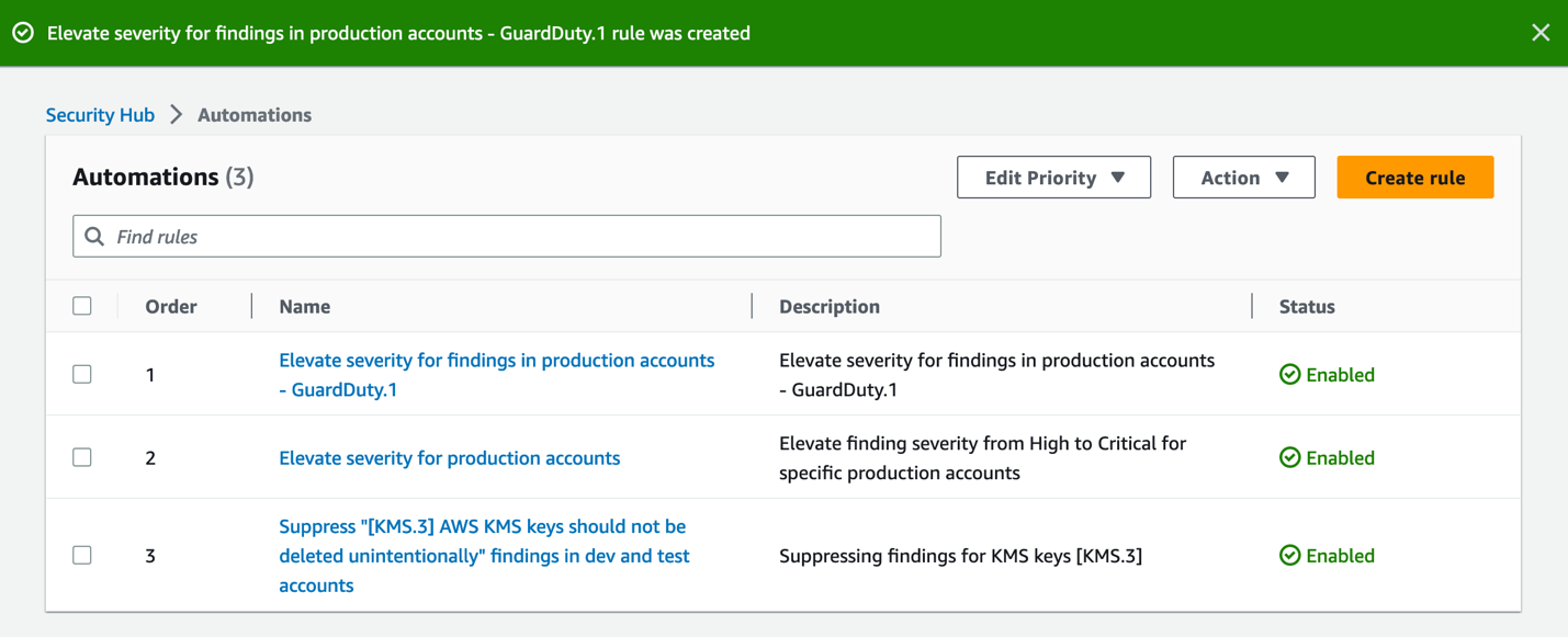 Figure 7: Newly created rule within the Security Hub Automations page