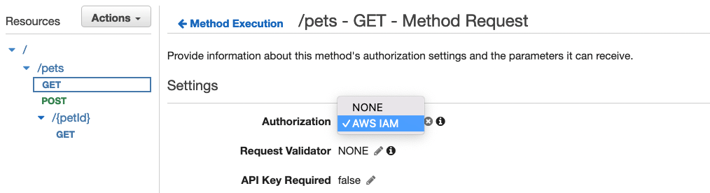 Figure 3: Enable IAM authorization in API Gateway