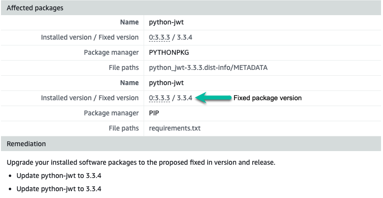 Figure 6: Amazon Inspector finding for python-jwt, with the associated remediation