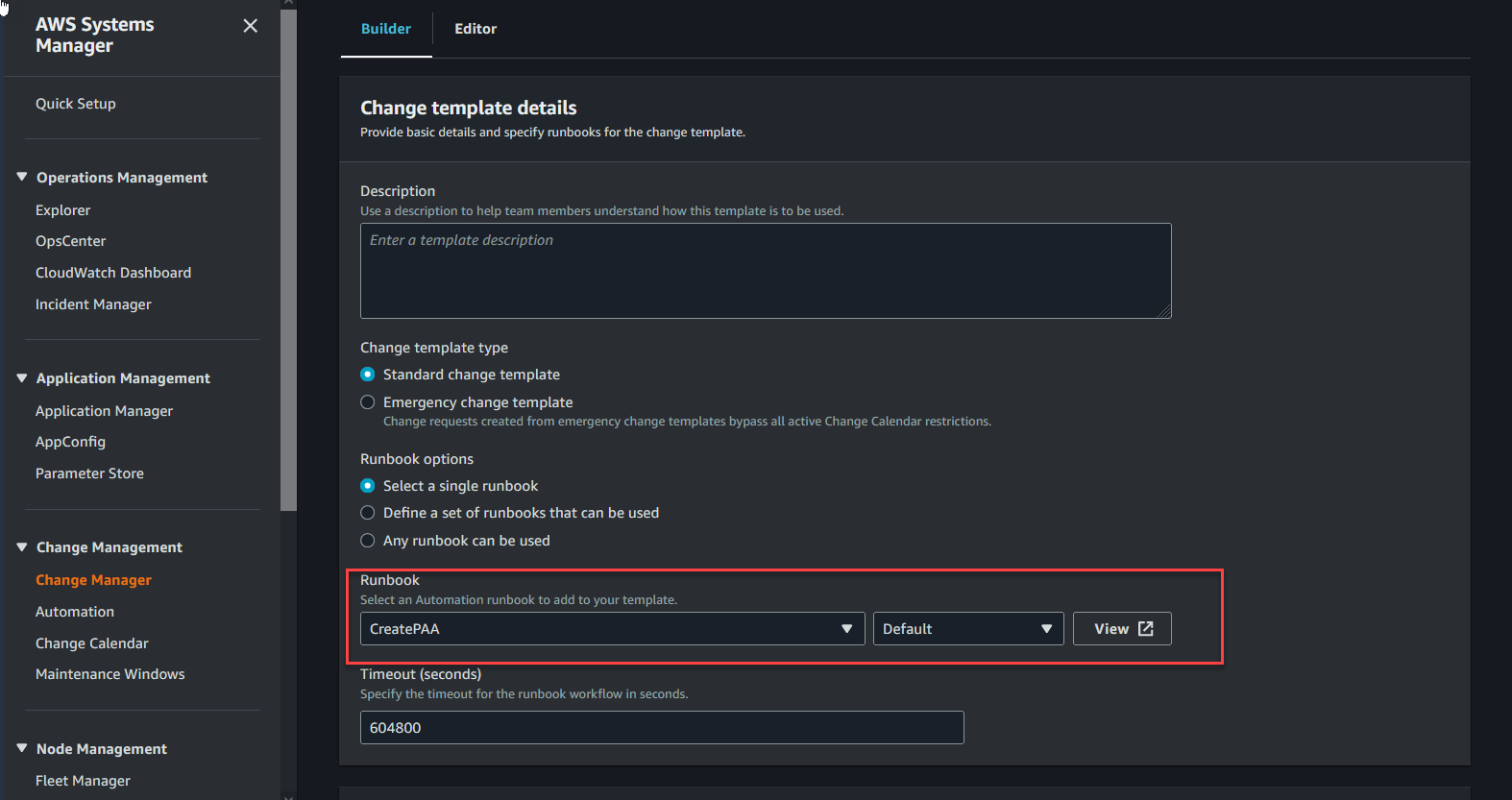 Figure 5: Select the runbook CreatePAA in the change template