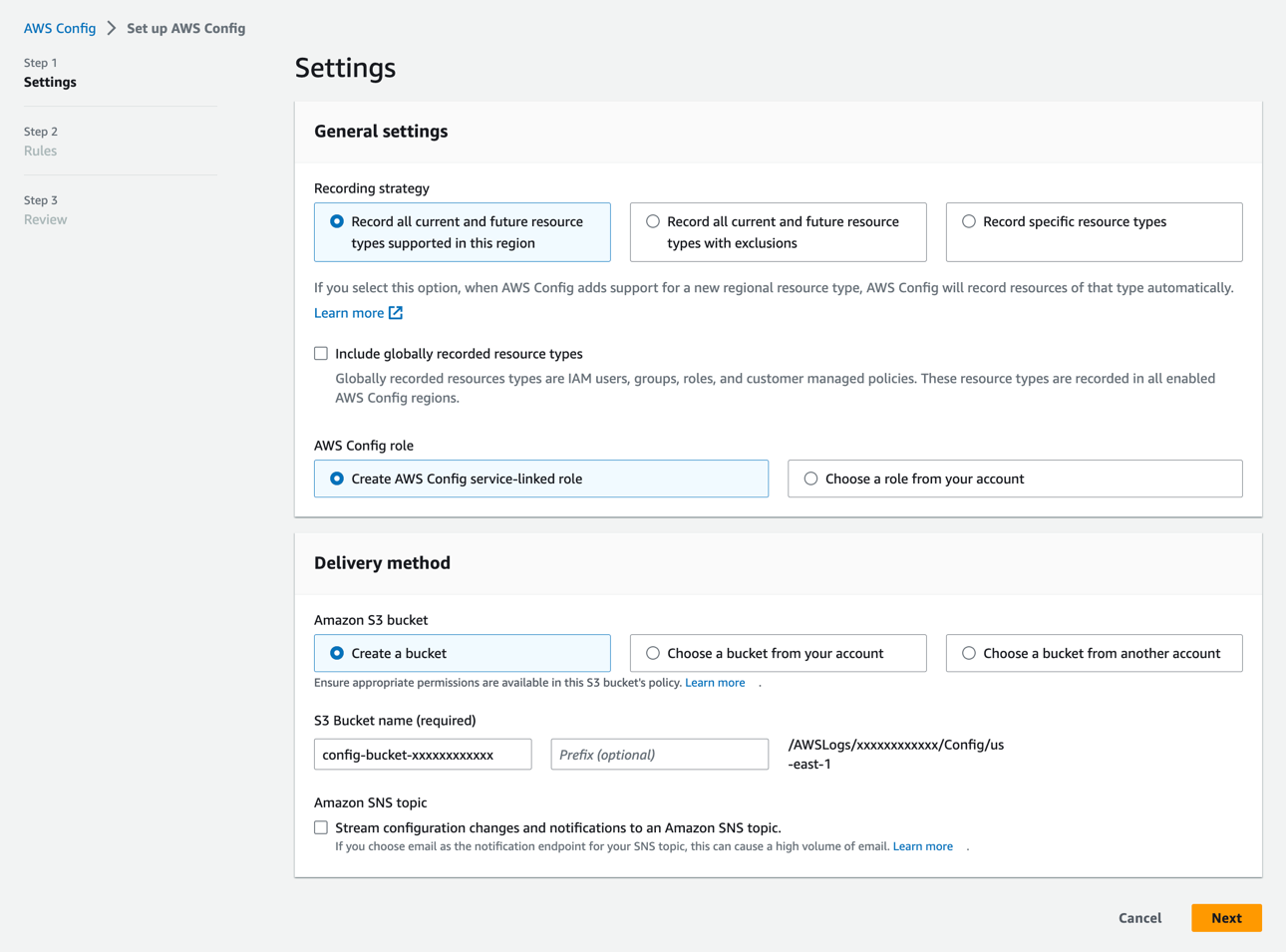 Figure 2: Default AWS Config settings