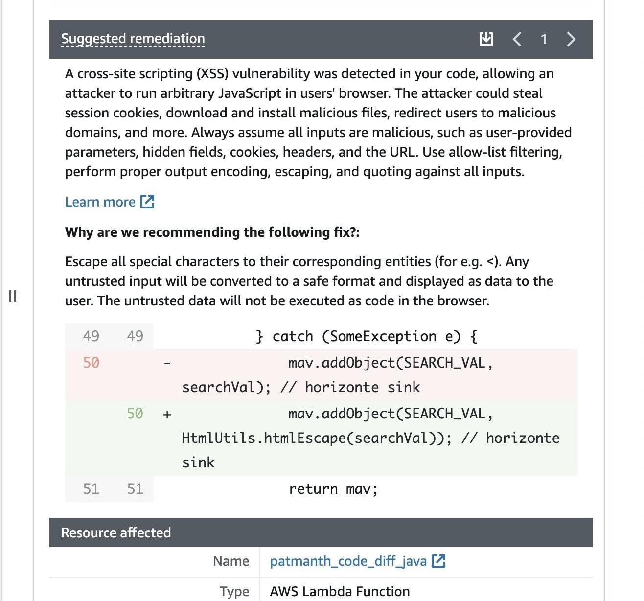 Figure 3: Example of recommendation showing difference between compliant and non-compliant code