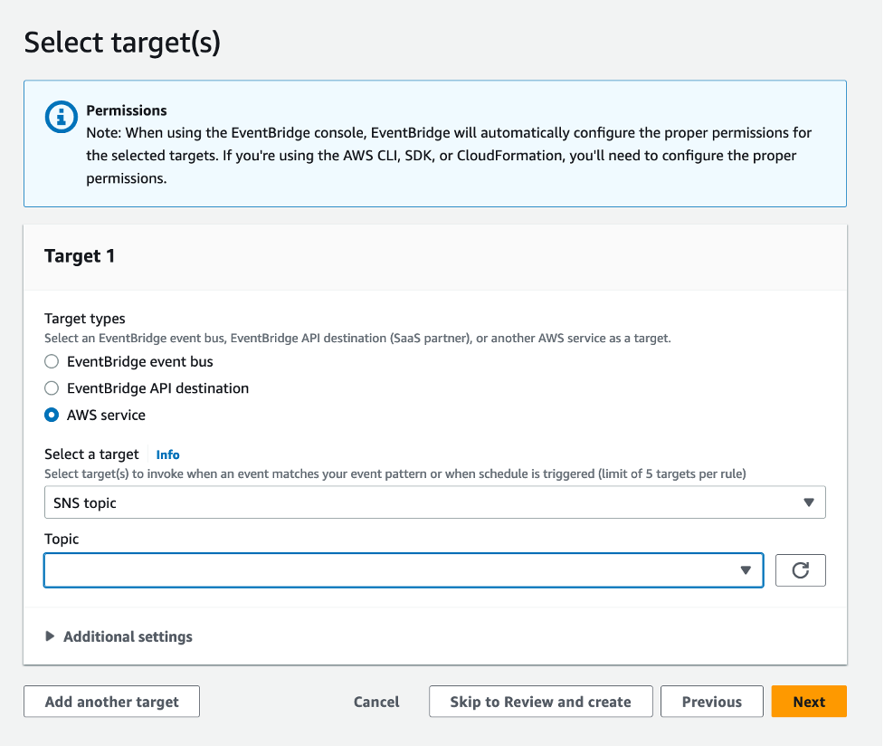 Figure 10: Target with target type of AWS service and target topic of SNS topic selected