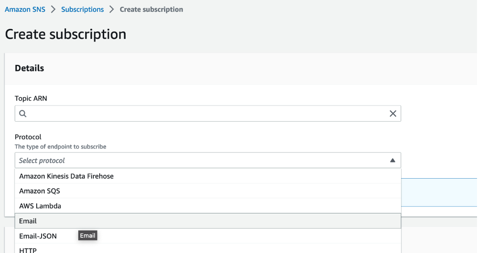 Figure 7: Select the topic ARN and add an endpoint to send notifications to