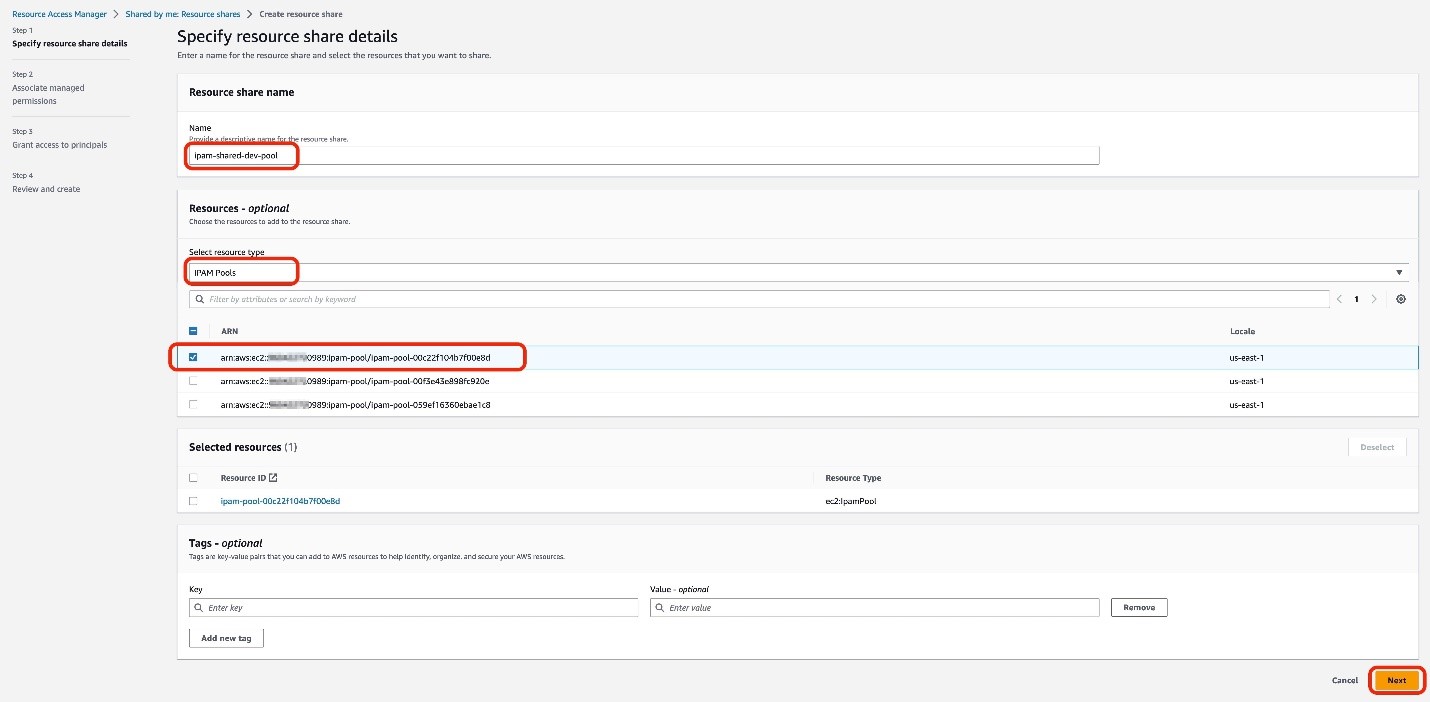 Figure 3: Specify the resources to share in your resource share