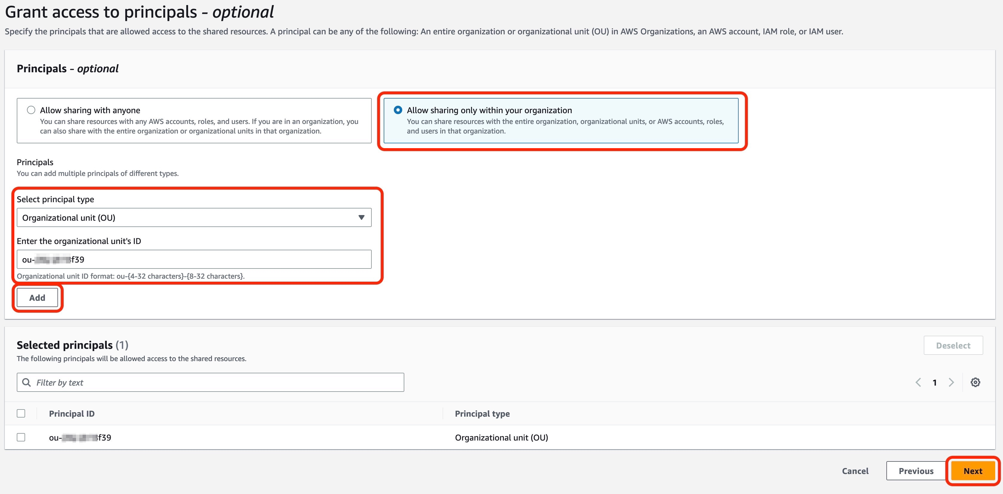 Figure 5: Grant access to principals in your resource share