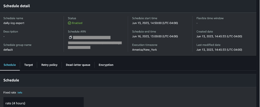 Figure 10: EventBridge scheduler for daily export of CloudWatch logs