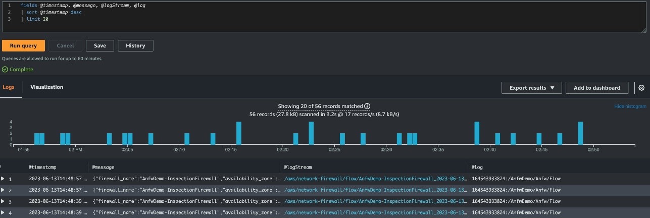 Figure 11: Network Firewall logs ingested into CloudWatch and analyzed through CloudWatch Logs Insights