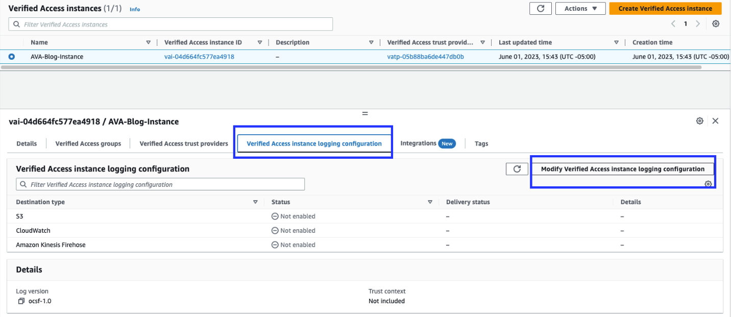 Figure 2: Modify Verified Access logging configuration