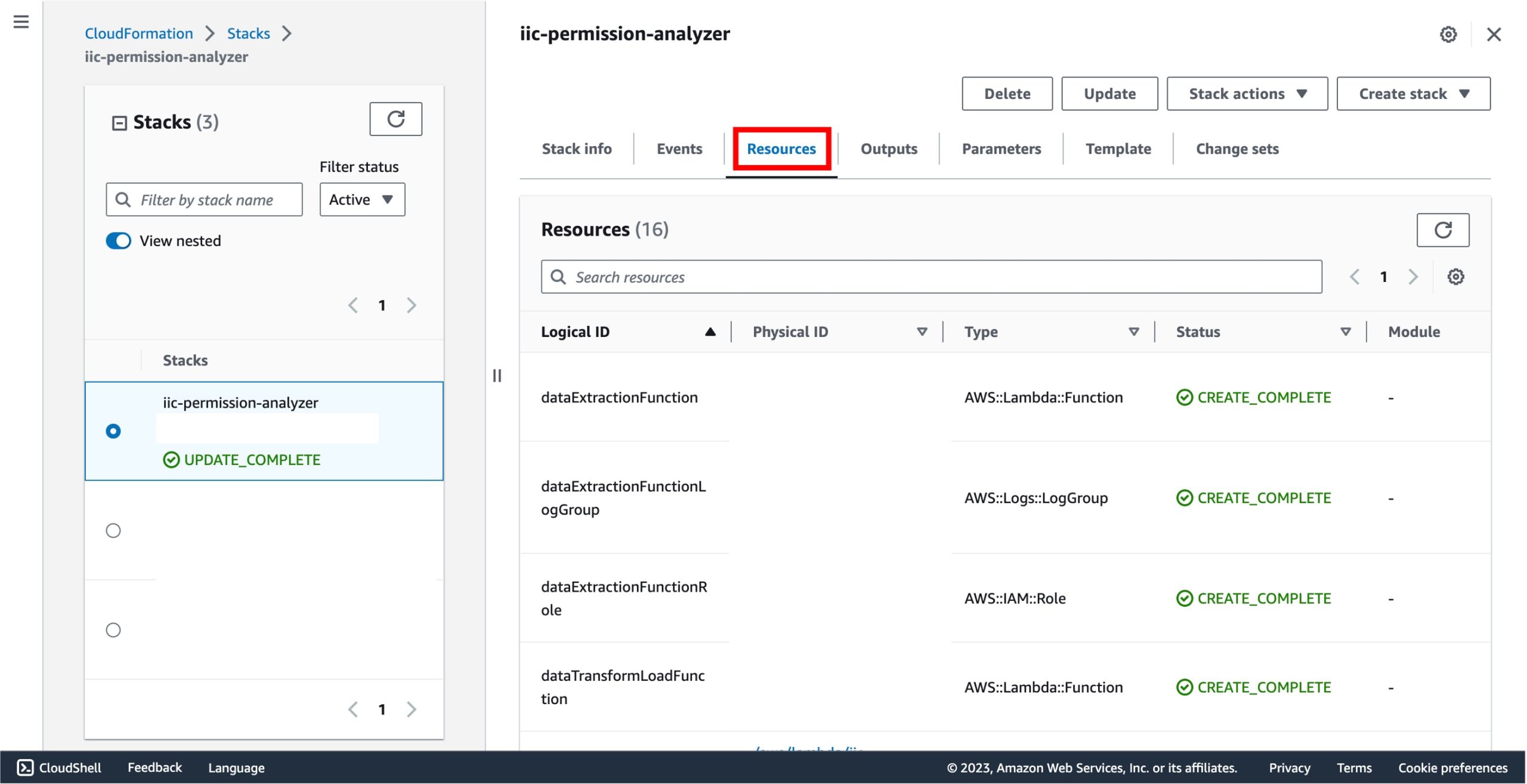 Figure 3: CloudFormation console view of deployed stack