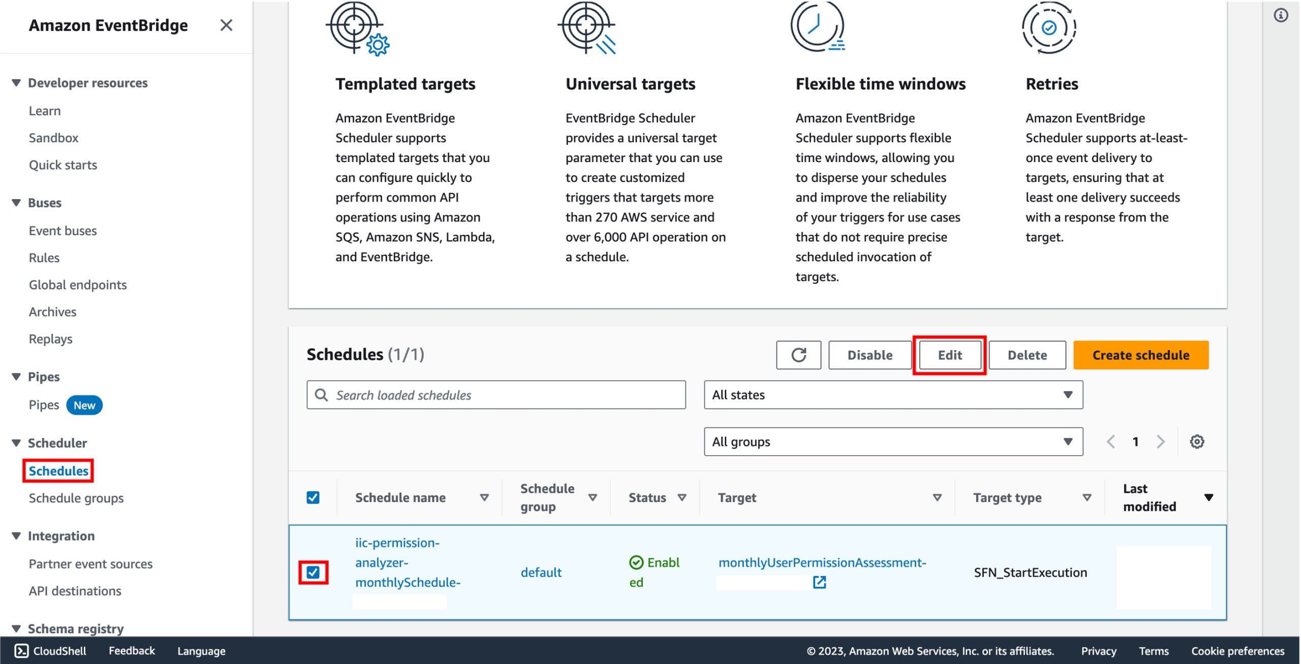 Figure 4: EventBridge schedule console