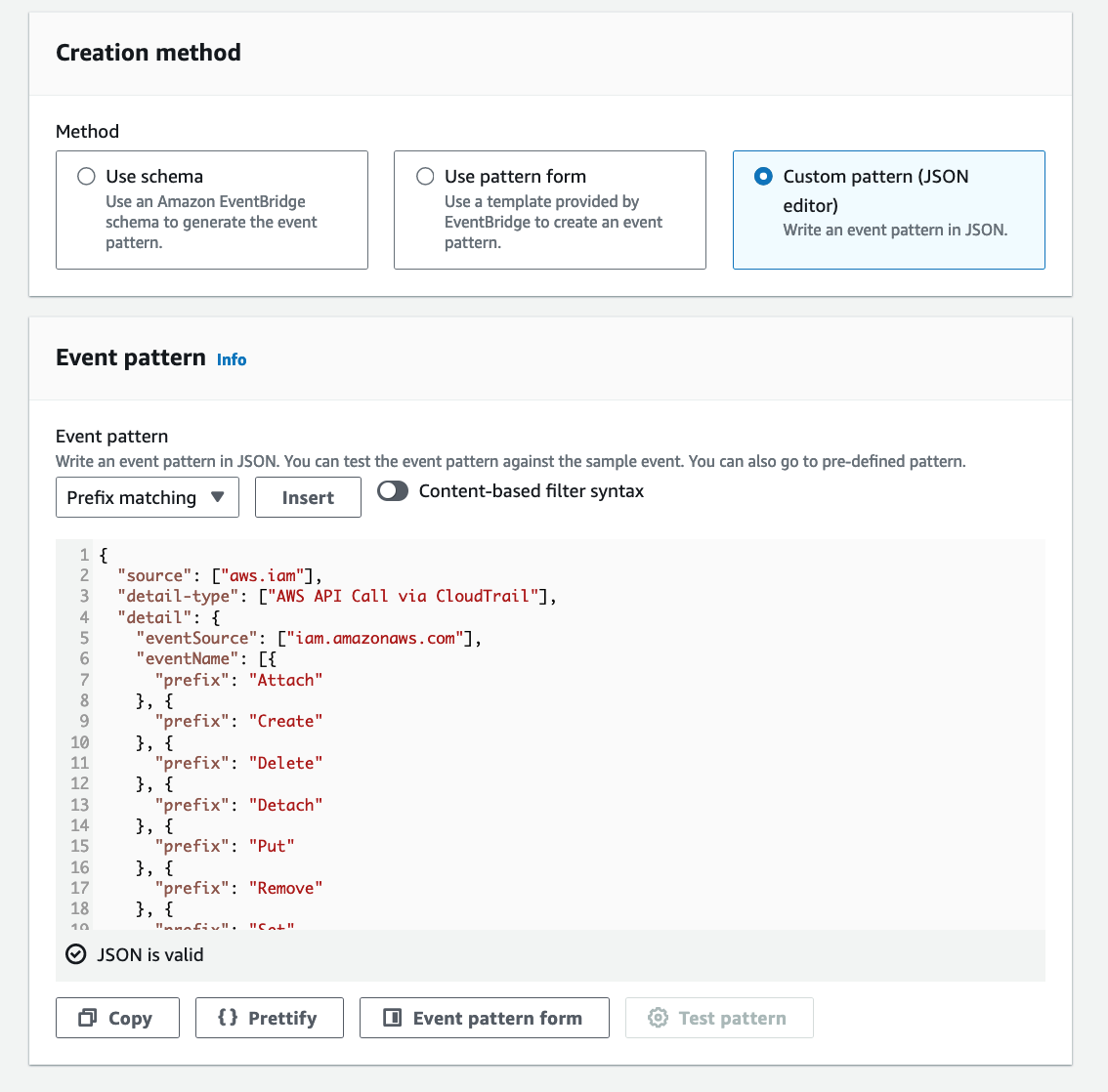 Figure 15: Use the JSON editor to add the eventName filter pattern