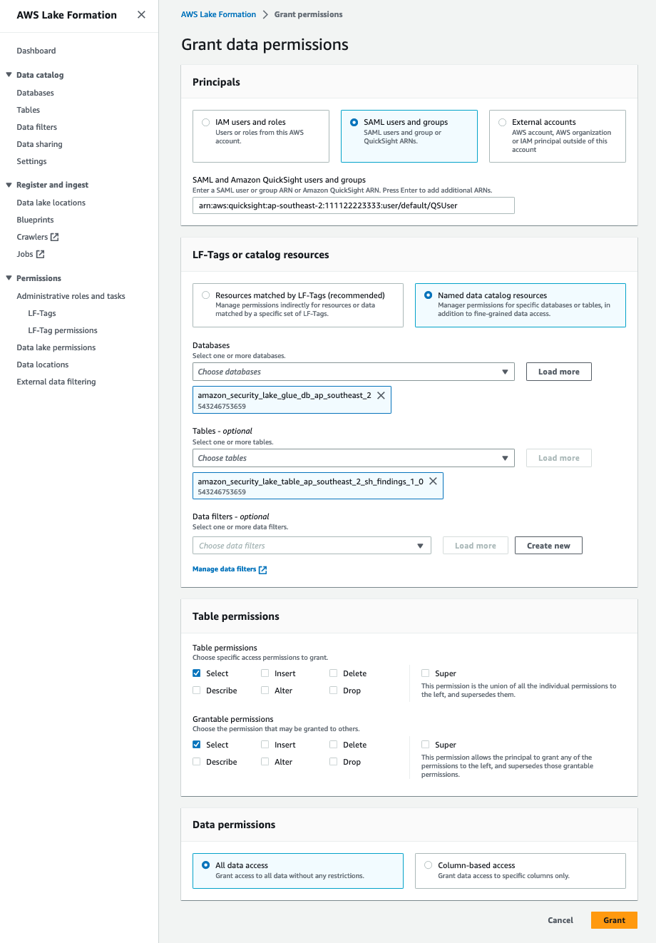 Figure 8: Granting permissions in Lake Formation