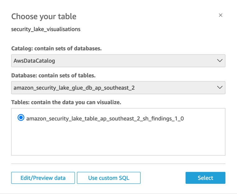 Figure 9: Selecting the table for a new dataset