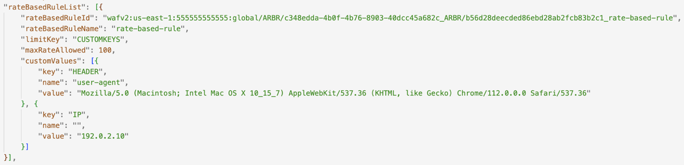 Figure 3: Example log output for the advanced rate-based rule showing updated limitKey and customValues fields