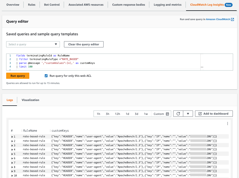 Figure 4: The CloudWatch Log Insights query and the logs output