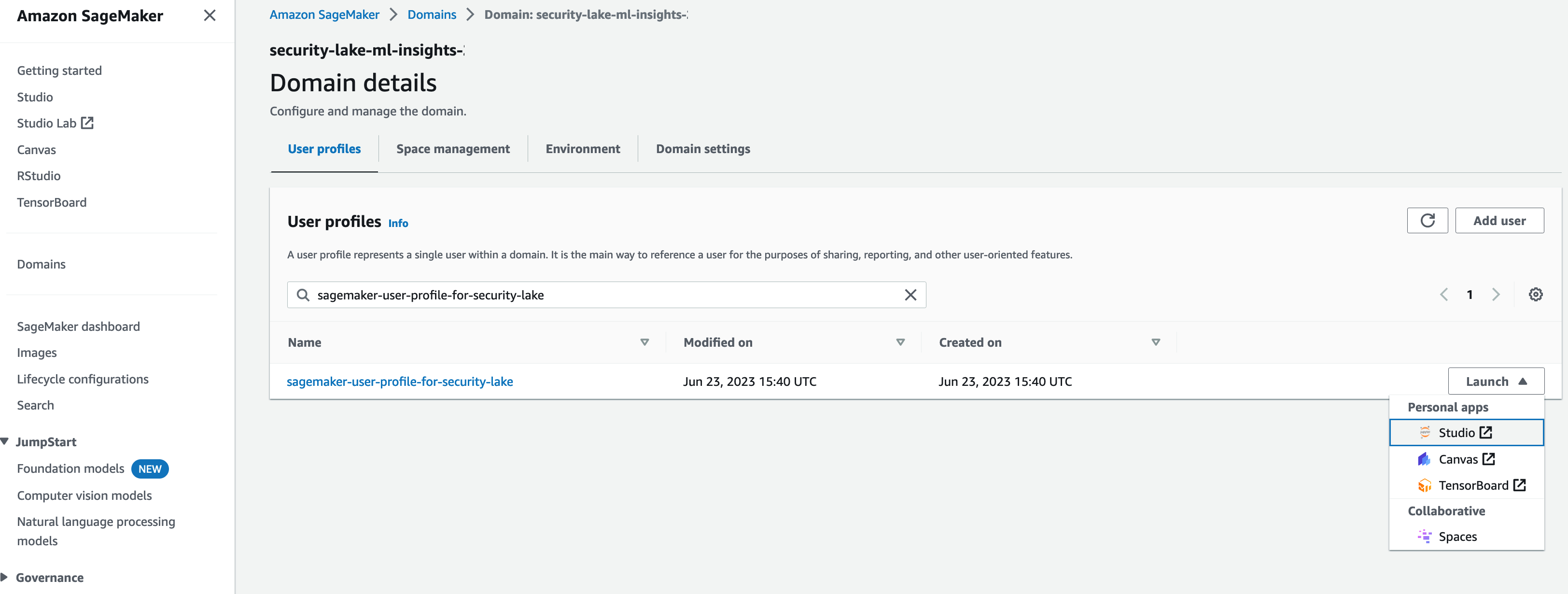 Figure 2 SageMaker domain user-profile AWS console screen