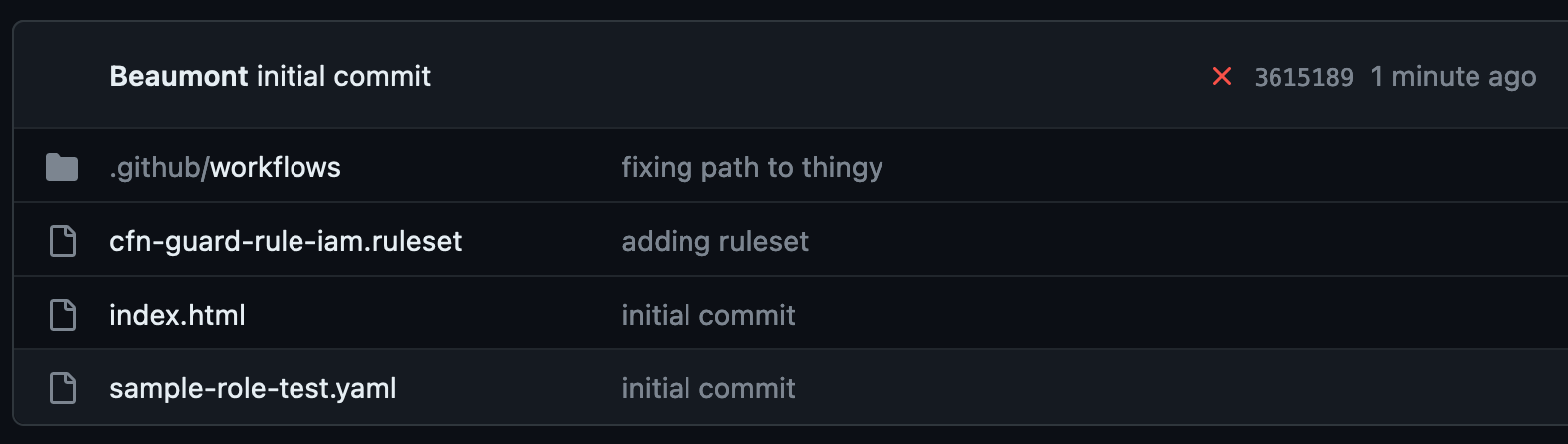 Figure 3: GitHub repository window with the red cross workflow indicator